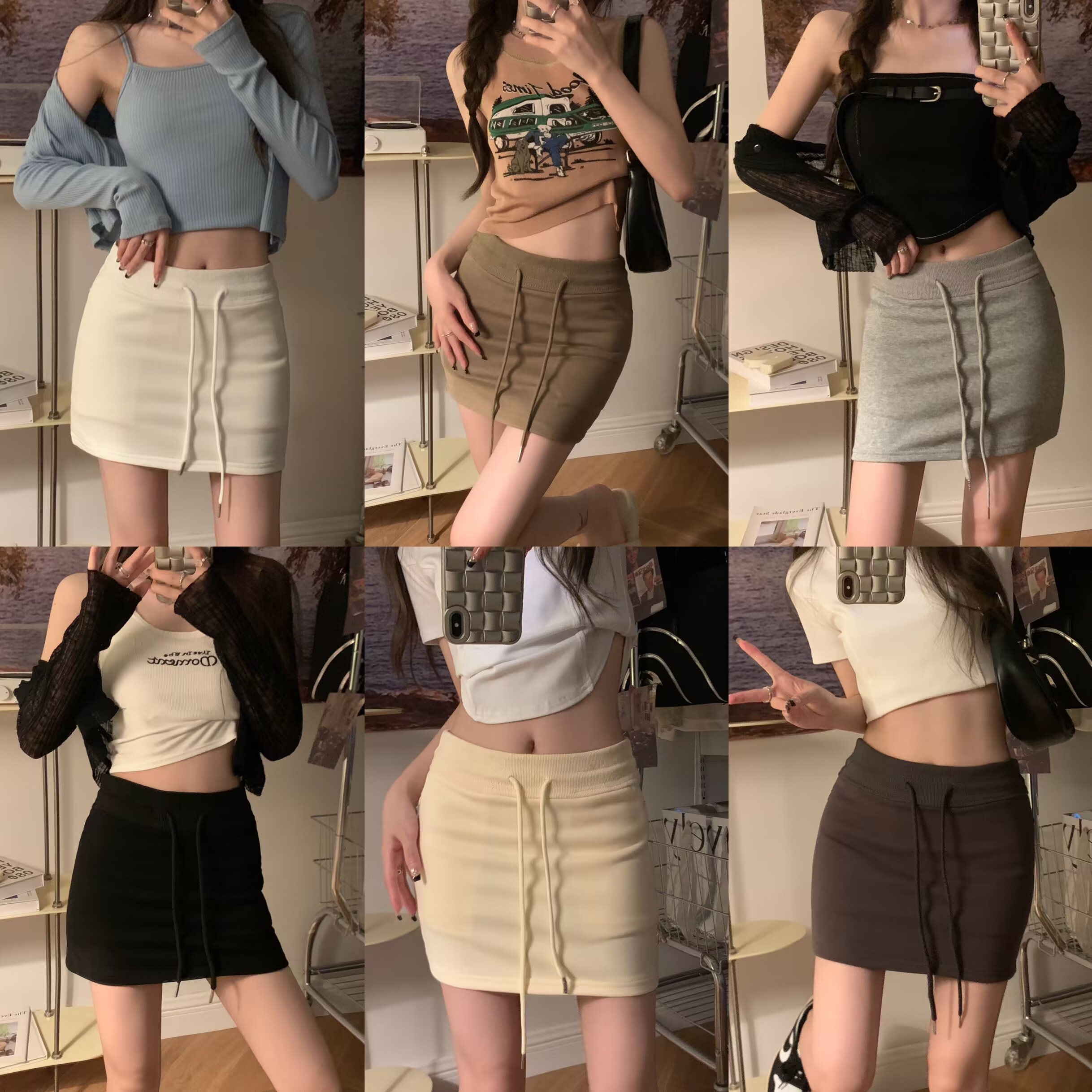 Real shot Sweet hot girl drawstring sports skirt in summer new girl high waist versatile hip A-line skirt