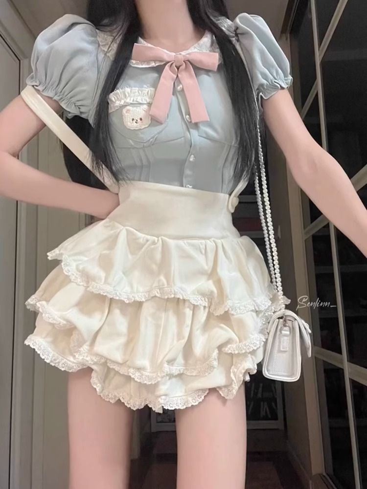 College style doll collar shirt temperament short sleeves sweet puff sleeves sweet girl design strap skirt design sense suit