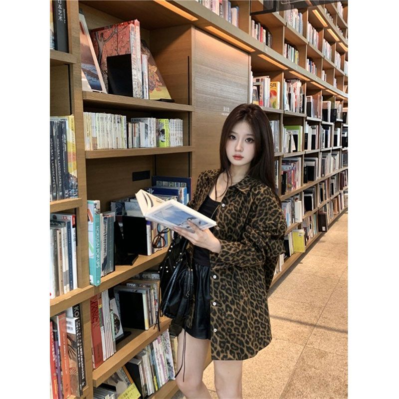 Original fabric plate shape and feel formal American leopard print shirt jacket for women's autumn niche long-sleeved top