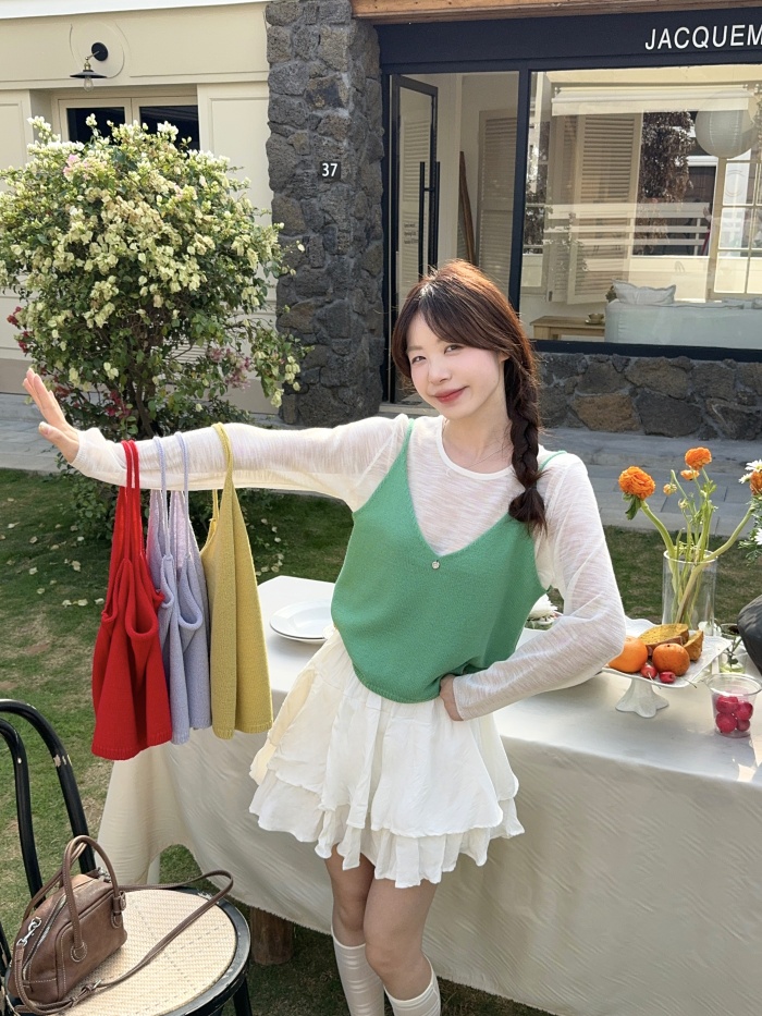 Real shot~ Korean knitted two-piece suspender vest for women layered inner slim V-neck vest top
