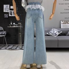 韓系氣質復古水洗高腰蕾絲拼接設計感寬鬆百搭顯瘦做舊牛仔闊腿褲