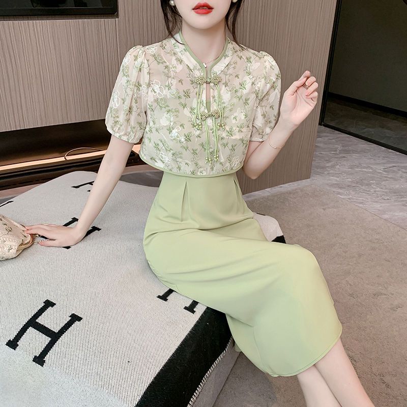 Summer dress chiffon printed top two-piece set modified buckle new Chinese suit for women