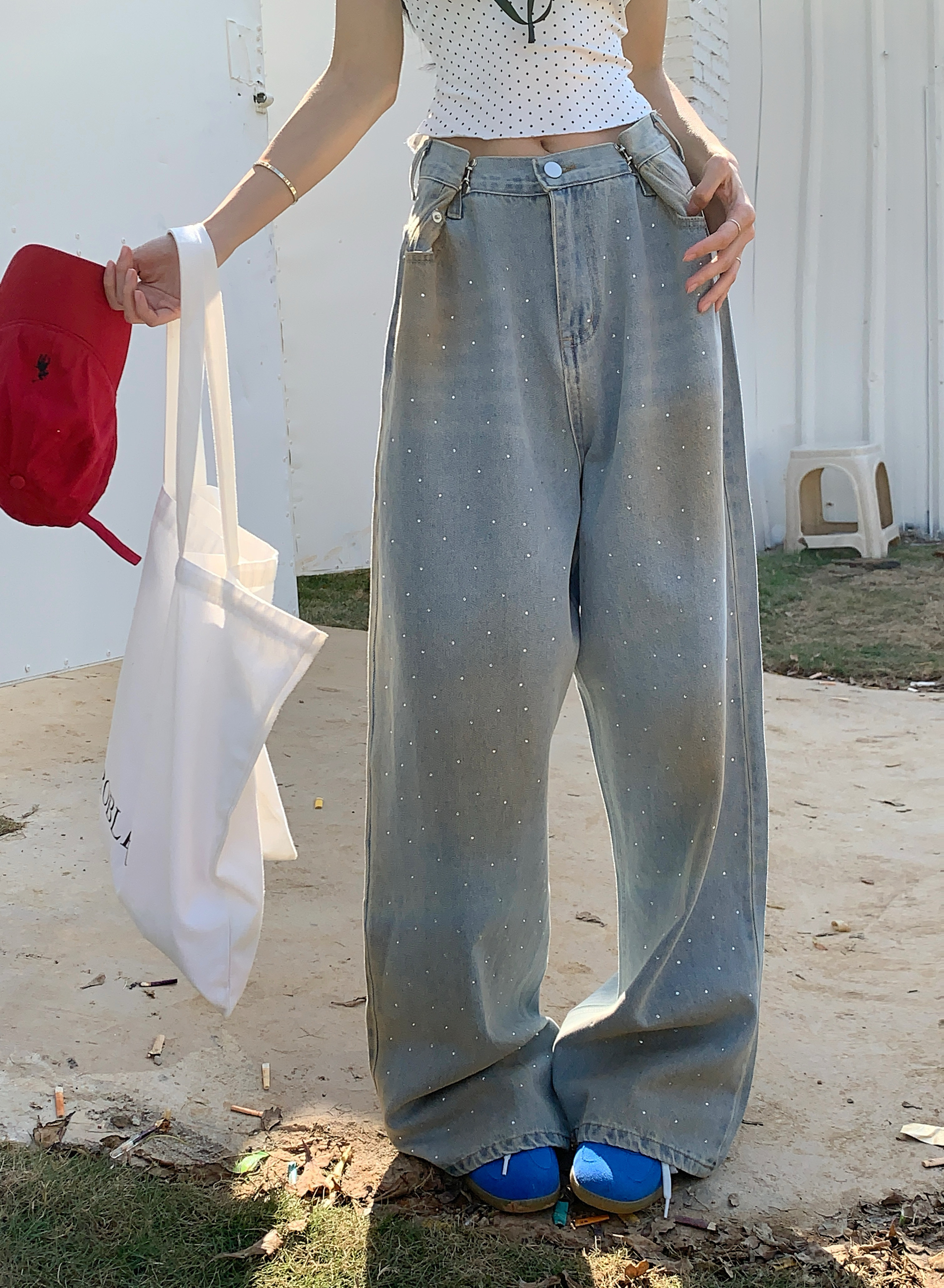 Real shot!  Design-sensual retro old dirty pants high waist loose wide-leg pants jeans women's trendy