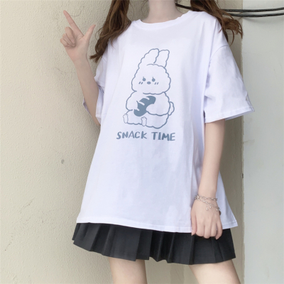 South Korea's new summer loose round neck cute rabbit letter print versatile short-sleeved T-shirt top for women