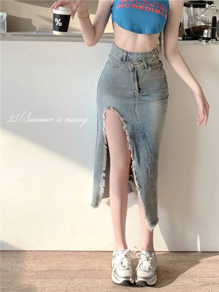 Real shot!  High waist slim irregular slit denim skirt retro fur edge midi skirt