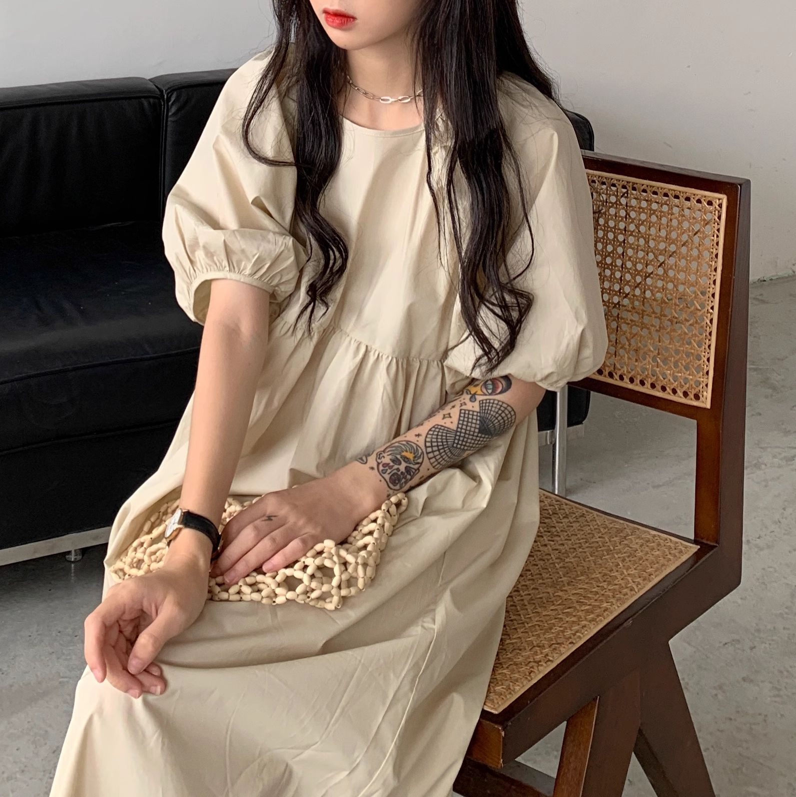 High-end design sexy pregnant women puff sleeve dress over knee long skirt summer dress gentle style doll skirt thin style