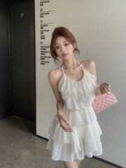 Real shot of sexy ruffled neck halter dress for women with lace fitting waist and slim chiffon skirt