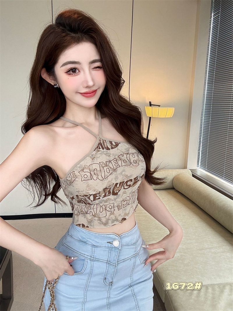 海邊穿搭油畫短款背心女夏季性感掛脖吊帶小眾設計感小上衣