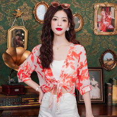 Shipped small shawl jacket for women 2025 summer new small shoulder versatile chiffon printed sunscreen short outer wear