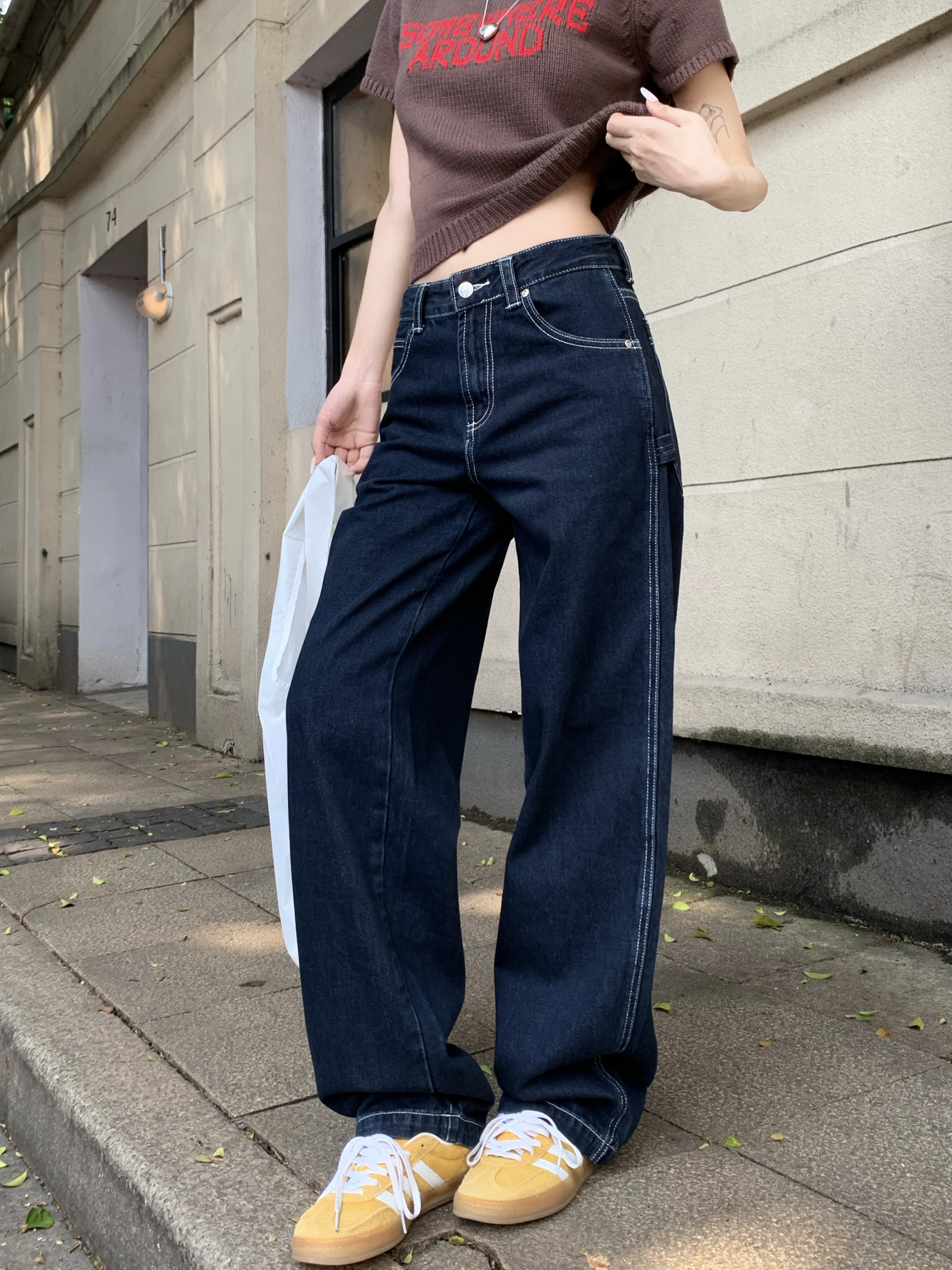 Real shot!  Retro dark blue work jeans for women in spring loose American low waist lazy straight wide-leg pants