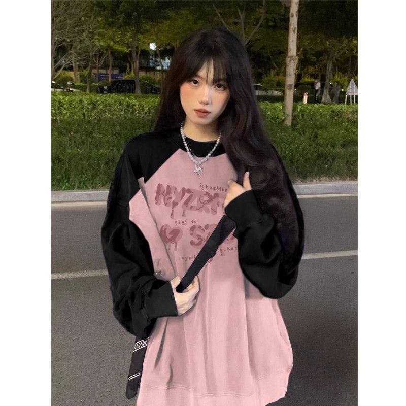 大碼女裝插肩圓領衛衣女春季2025年新款美式chic無帽長袖上衣潮