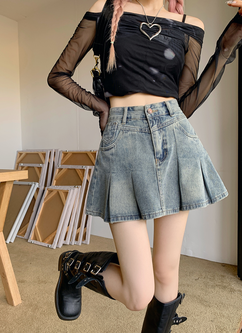 Real shot of 2025 spring high-waist Korean style denim pleated skirt for women retro chic hot girls A-line short skirt