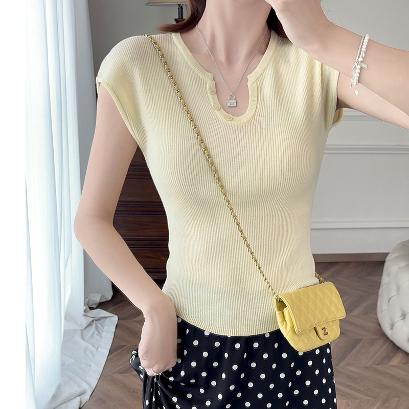 Lazy and slim temperament U-neck small flying sleeves gray T-shirt for women in summer short slim and versatile design knitted top