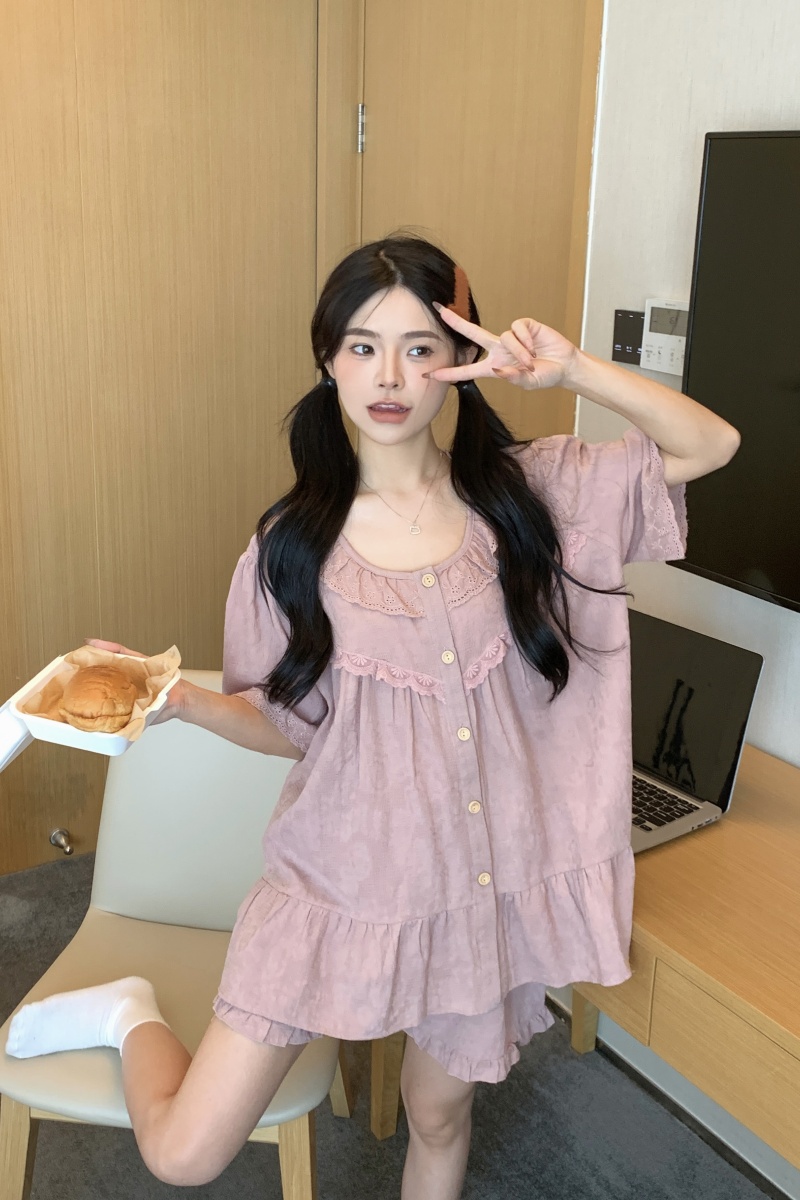 Real shot of Korean version of sweet loose lace cotton jacquard princess style short-sleeved suit home clothes dress