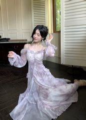 2025 New Elegant Fairy Purple Smoky Fairy Dust Butterfly Tied-Back Gold Leaf Hem Long-Sleeve Dress