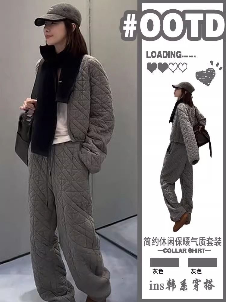 純棉歐洲站灰色菱格棉服套裝女春季短款夾棉外套保暖闊腿褲兩件套