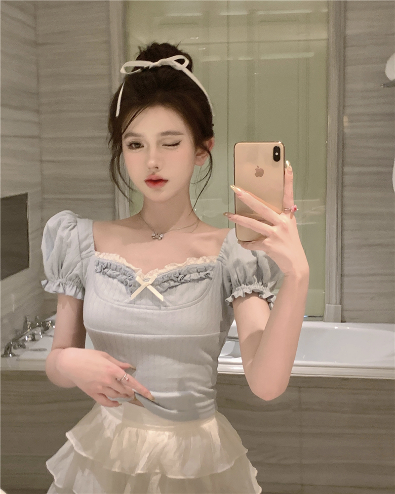 Real photo~ Pure puff sleeves business woman sweet girly lace bow short sleeves