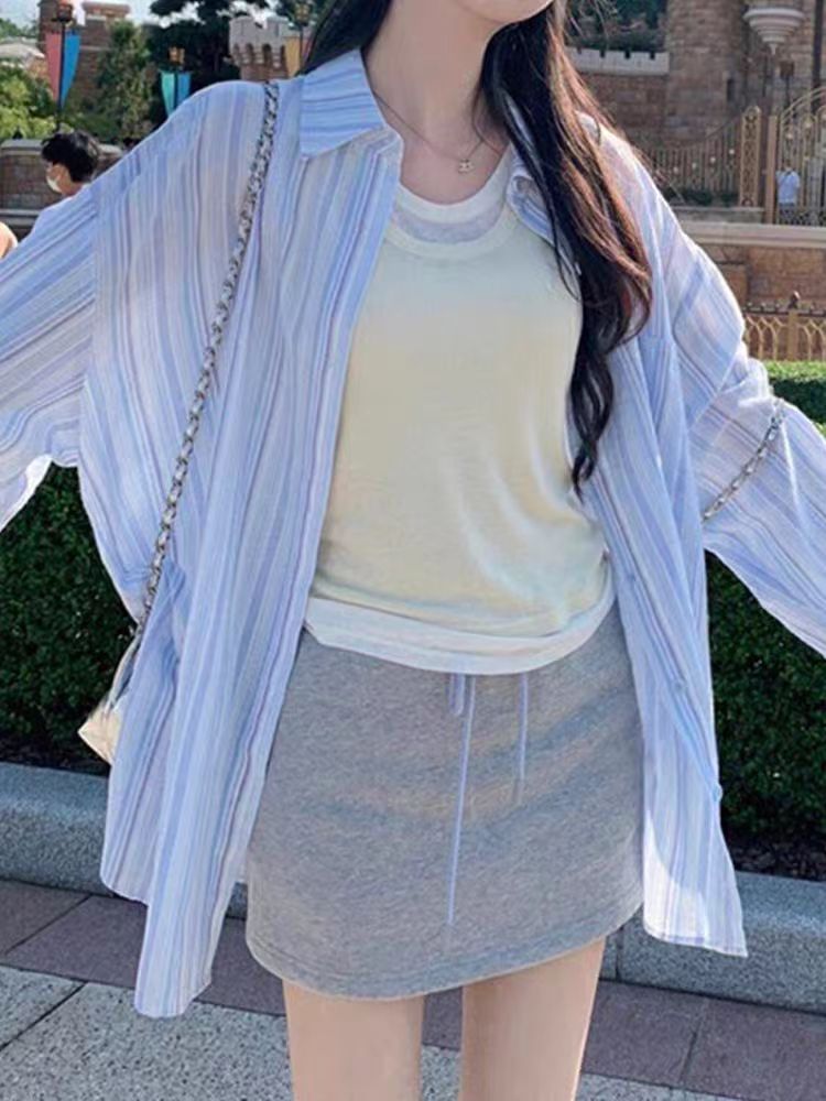 Blue striped thin sunscreen shirt jacket for women's summer niche design French top