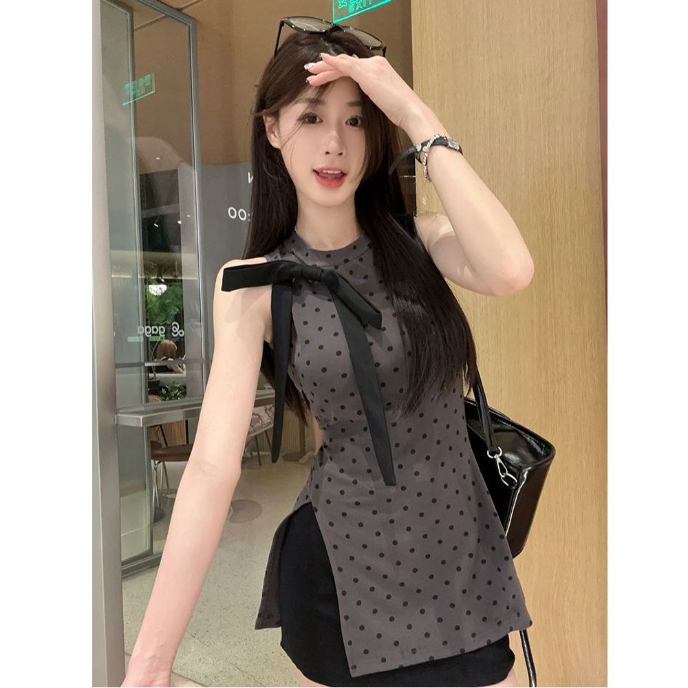 Foreign trade original new French style bow sleeveless vest women's summer irregular slit polka dot top