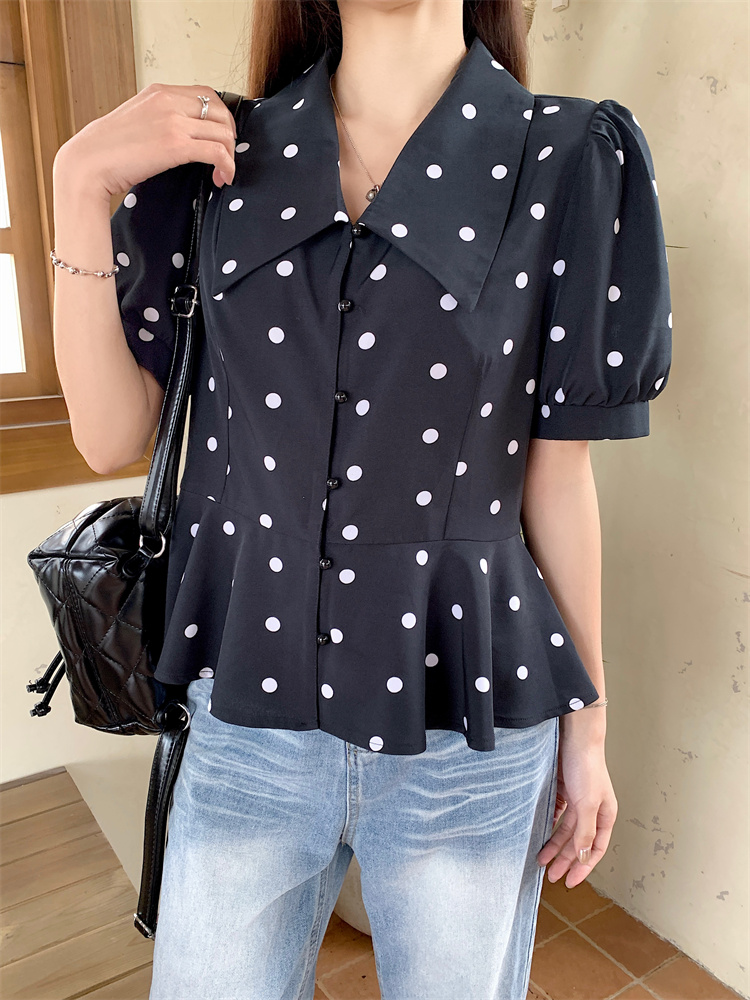 Summer high-end niche French top fat mm slimming polka dot chiffon shirt short sleeves