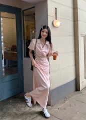 Real shot, slim mid-length sweet French design, waist-hugging POLO neck short-sleeved dress