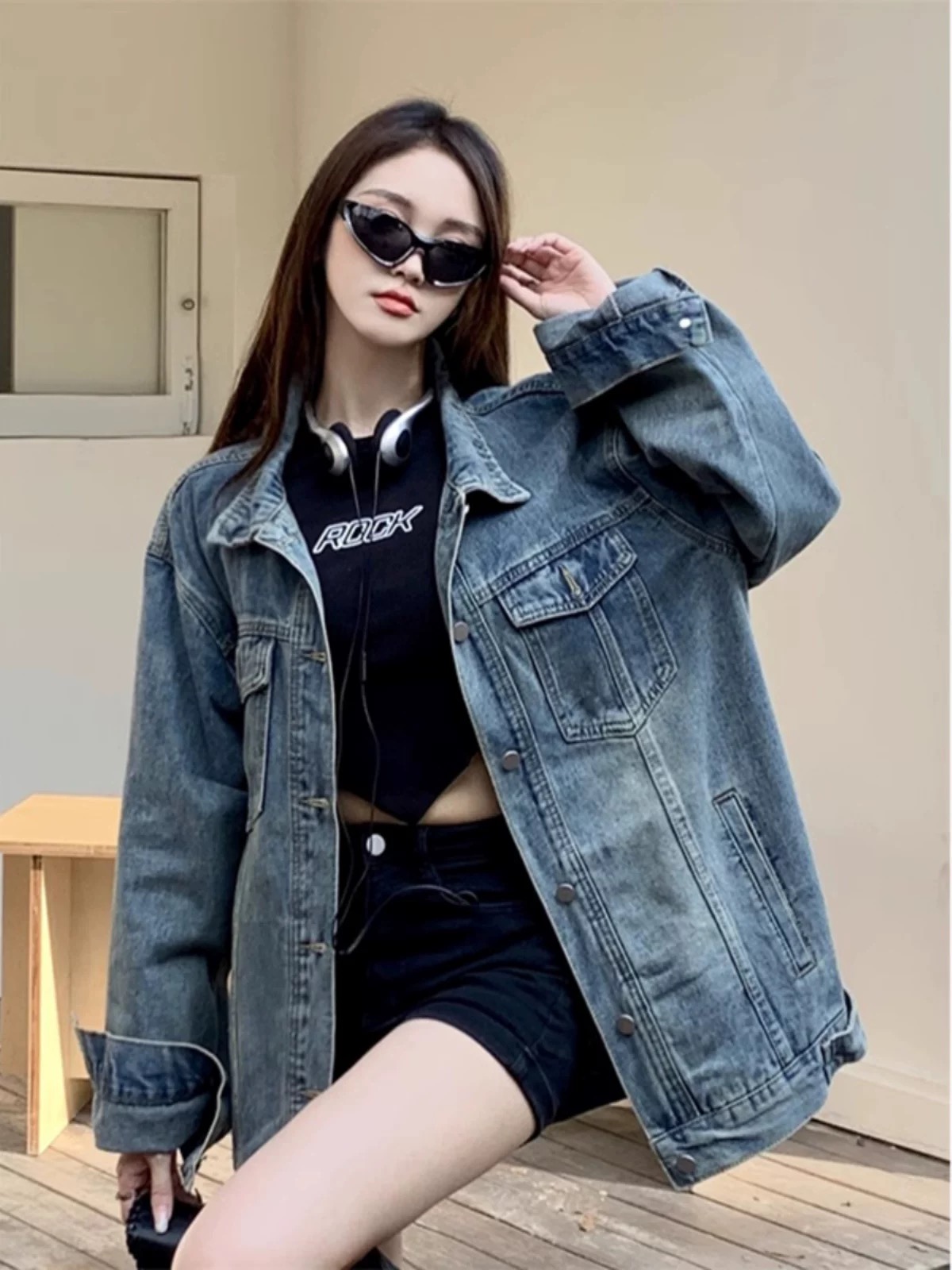 American sweet and cool style denim long-sleeved jacket for women in spring new retro BF lapel fashion versatile exterior top trendy