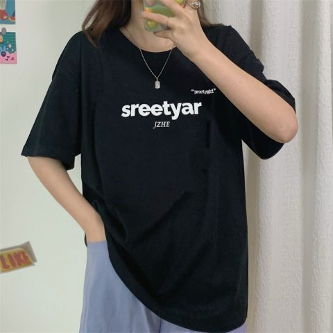 Strange smell top ins trendy net summer short-sleeved T-shirt for women Korean style loose missing mid-length simple half-sleeved bottoming for women