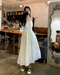 Real shots, niche and unique temperament strap design dress + short sunscreen cardigan