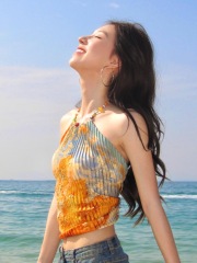 Holiday style seaside outfit oil painting short vest for women in summer sexy neck halter niche design small top