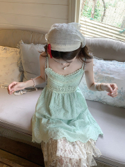 Real shot of mint green lace embroidered suspender dress for women in summer temperament vacation