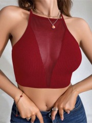 2025 Summer Ins Style European and American Style Short Top Sexy Mesh Lace Hollow Crossback Ribbed Deep V Straps 