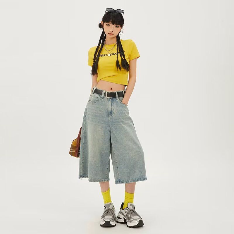 黑灰色七分牛仔褲女夏季新款美式高街小個子高腰寬鬆闊腿短褲