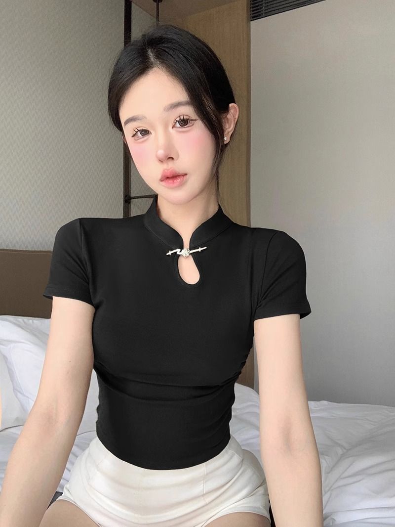 -92棉/8氨綸40支210g純棉 國風改良旗袍短袖T恤女