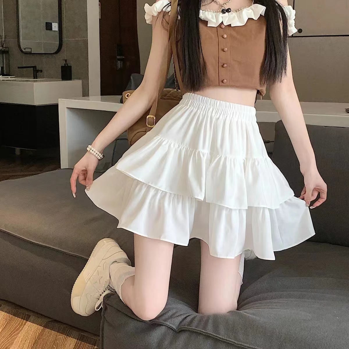 French Sweet Ruffle Slimming A-Line Fluffy Cupcake Skirt for Women High-Waist Trendy