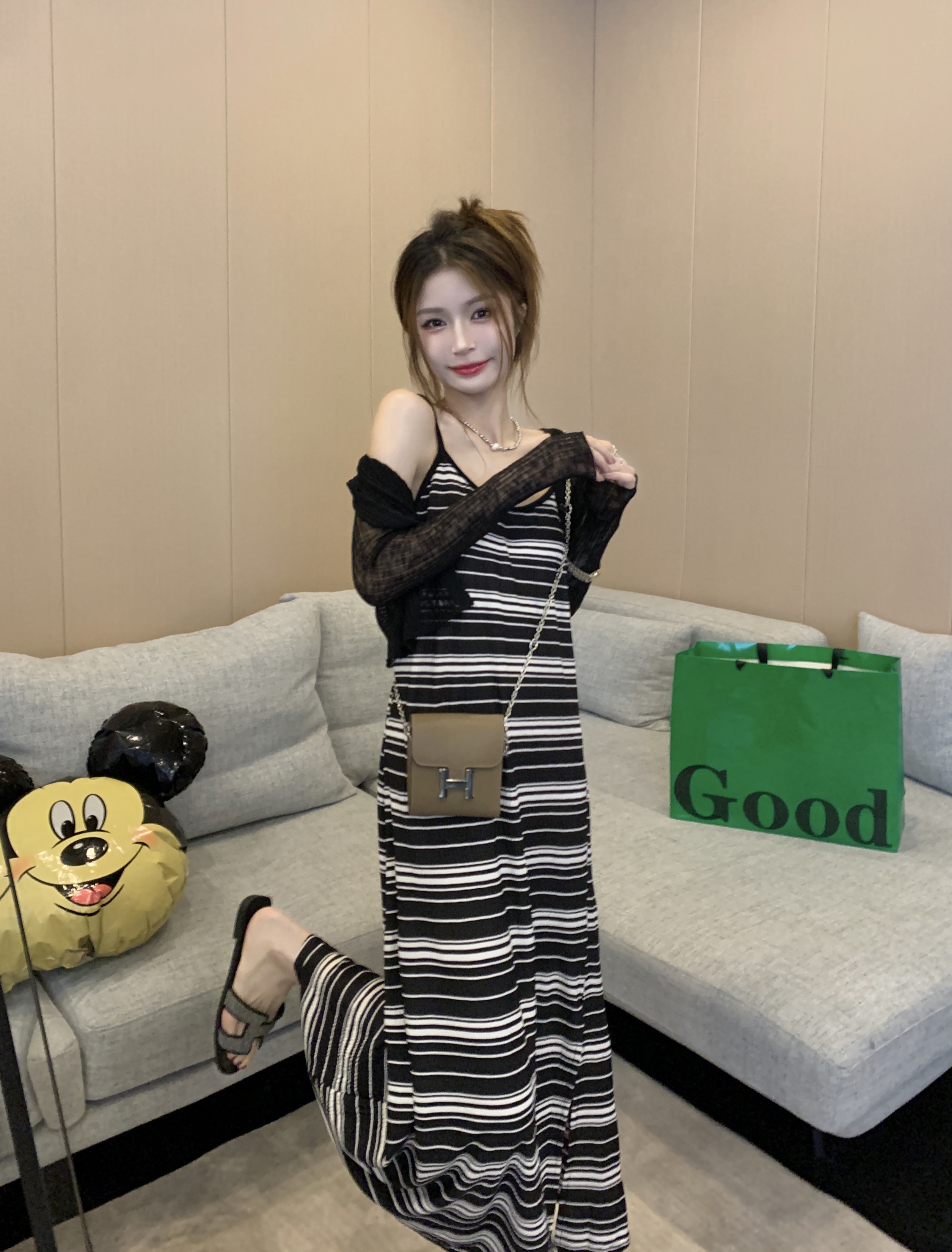 Real shot of striped suspender dress summer retro slim fit slim outside over knee long skirt