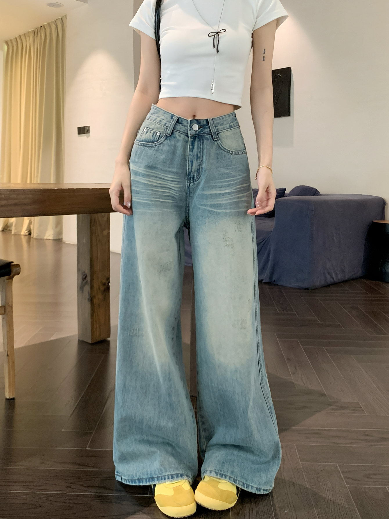 Real shot #rear bag printed jeans trousers for women's trousers with ripped legs design loose wide-leg straight-leg floor trousers