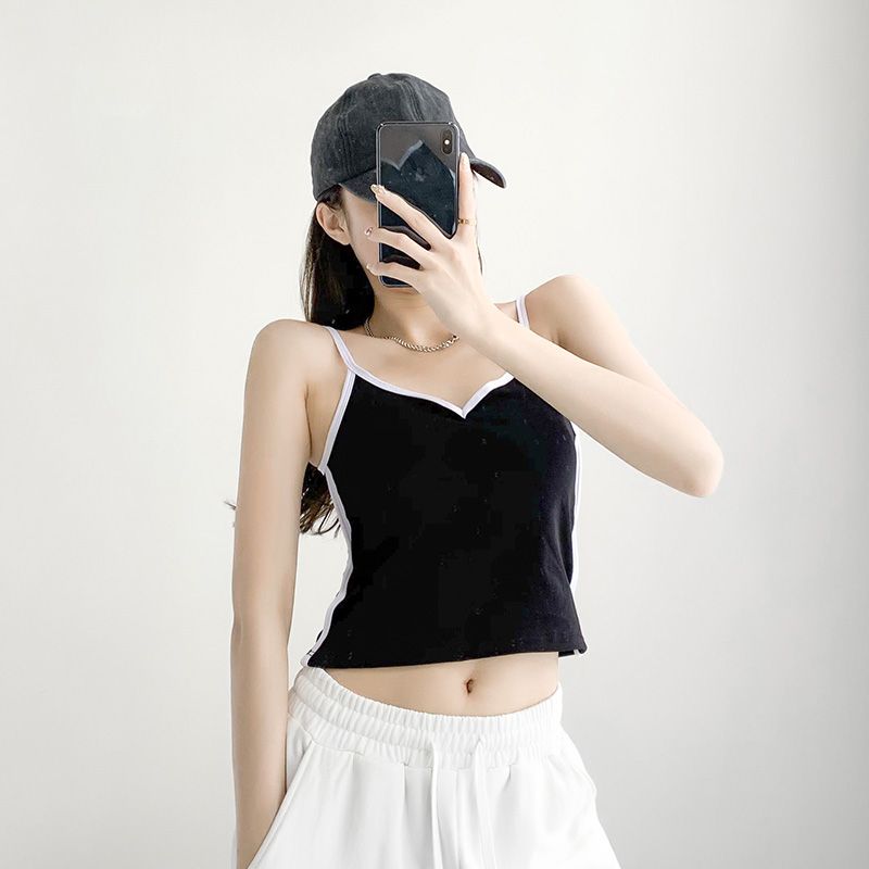 帶胸墊純棉小吊帶背心女內搭外穿夏短袖T恤v領上衣短款