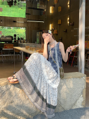 實拍 韓chic春夏簡約度假風格子背心上衣送飄帶+半身裙