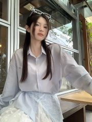 Real shot of new autumn and summer design lace shawl long-sleeved shirt for women