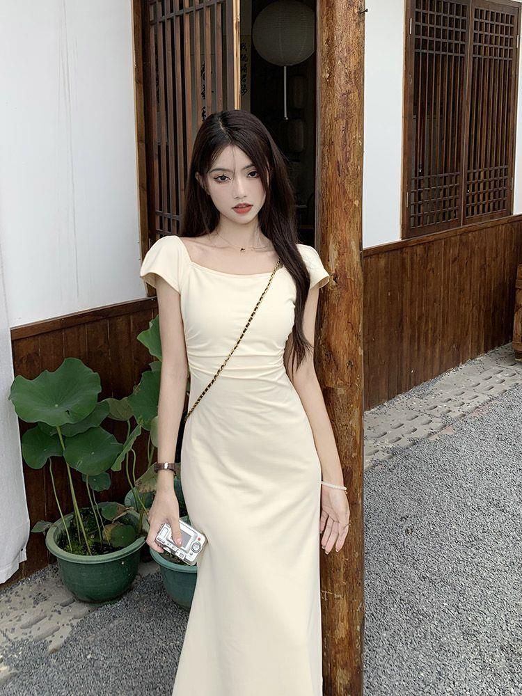 Korean gentle style waist-tightening fish bone hip-packing long skirt high-end French waist-pinching dress for women in summer 2025 new…