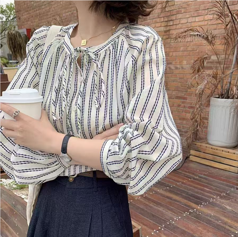 2025 spring clothing new large size women's retro literary striped shirt loose lace-up shirt M-4XL200 jin