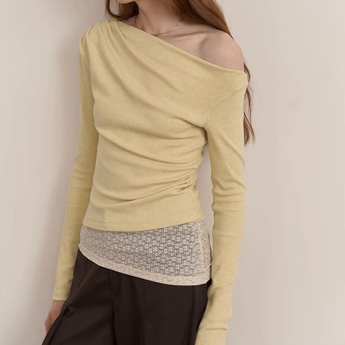 1*1 260g men's cotton fake two pieces lace spliced ​​off-shoulder long-sleeved T-shirt for women