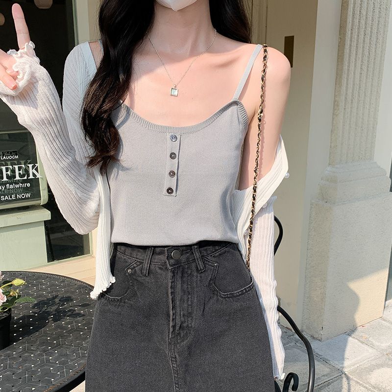 實拍小吊帶背心女內搭夏外穿時尚洋氣時髦短袖T恤冰絲針織衫