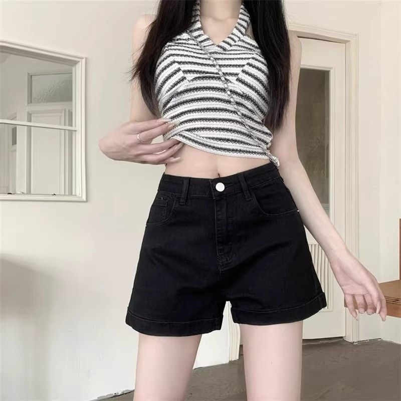 High-quality black hemmed design denim shorts for plus size summer, thin high-waisted elastic A-line hot pants