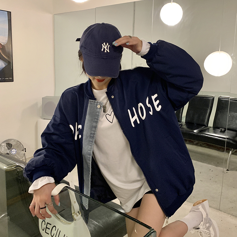 Real shot of Hong Kong style chic fashion denim splicing baseball uniform casual jacket jacket