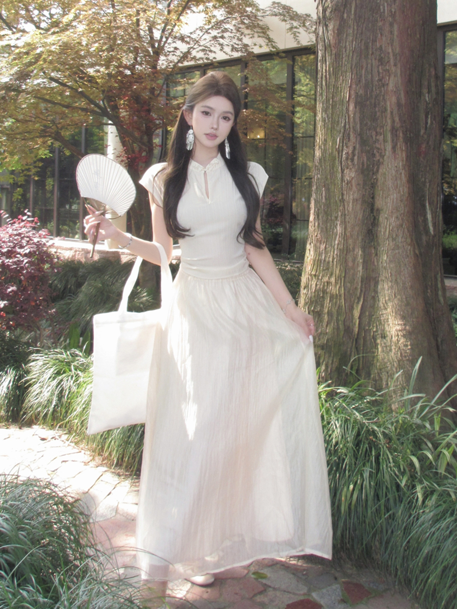 Real shot of retro sexy new Chinese texture fabric short-sleeved T-shirt shirt + high waist long skirt skirt for women
