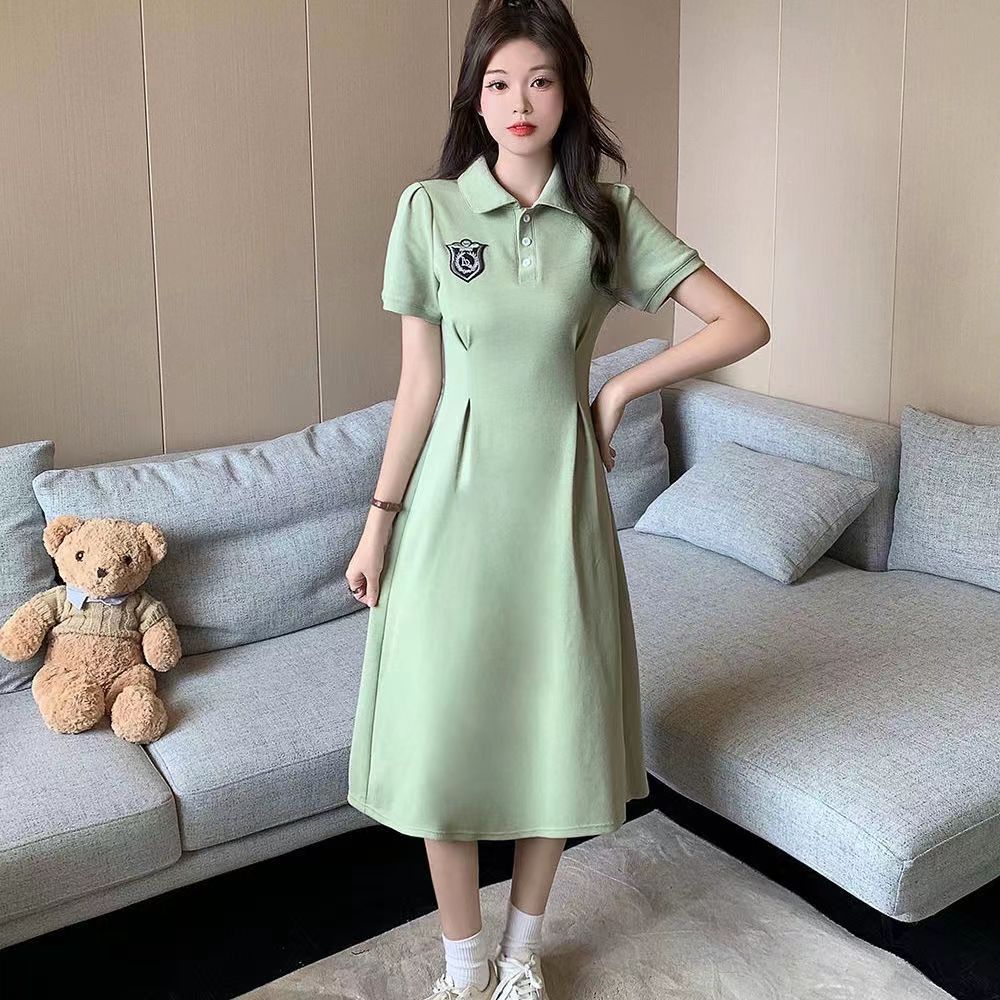 New summer pure academy style waist-closing POLO neck short-sleeved design black long skirt A-line skirt for women