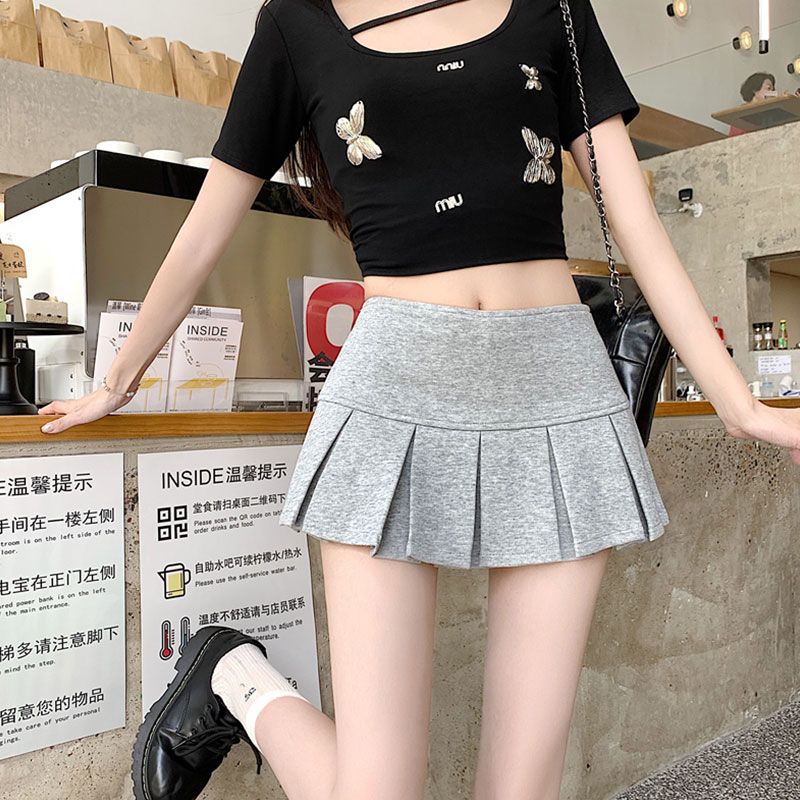 Women's Petite American Low-Waist A-Line Short Skirt Pure Desire Gray Pleated Exercise Skirt with Anti-Slip Features