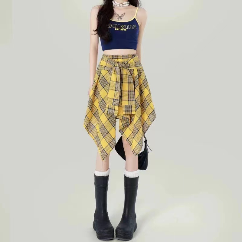 Unstructured Strap Semi-Skirt for Women, 2025 Summer Design, Unique Plaid A-Line Mini Skirt