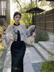 Real shot of retro sexy new Chinese style buckle sunscreen cardigan + jacquard satin suspender cheongsam dress for women